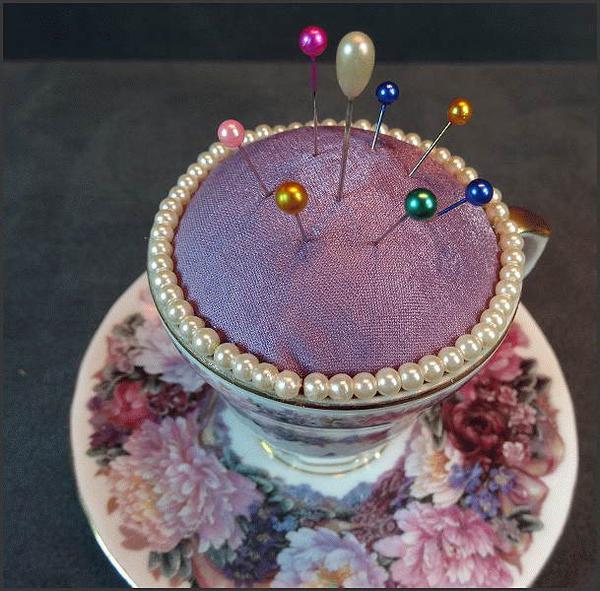 1995 Vintage Teacup Pin Cushion Sgnd Lena Lui Peonies w Butterflies