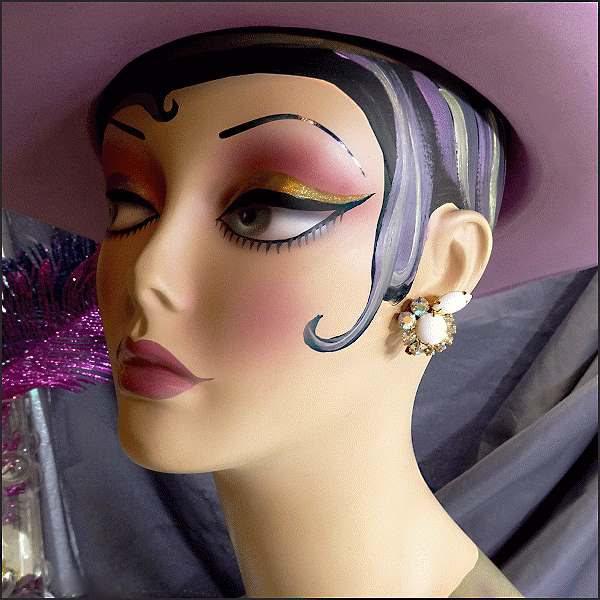 1950s Juliana Vintage Clip Earrings Milk Glass w Pastel AB Rhinestones