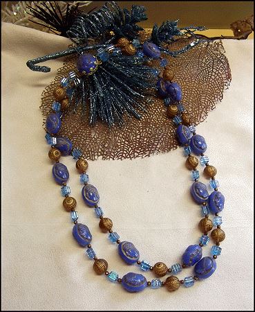1950s Greek Revival Blue Scarab Crystal Vintage Necklace