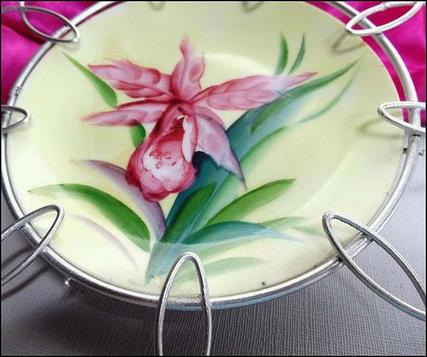 1940s Shabby Chic Hand Painted Orchid Plate w Metal Frame