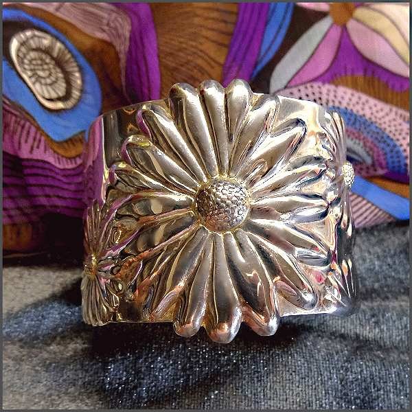 1980s Signed 925 Sterling Sunflower Wide Vintage Cuff Bracelet