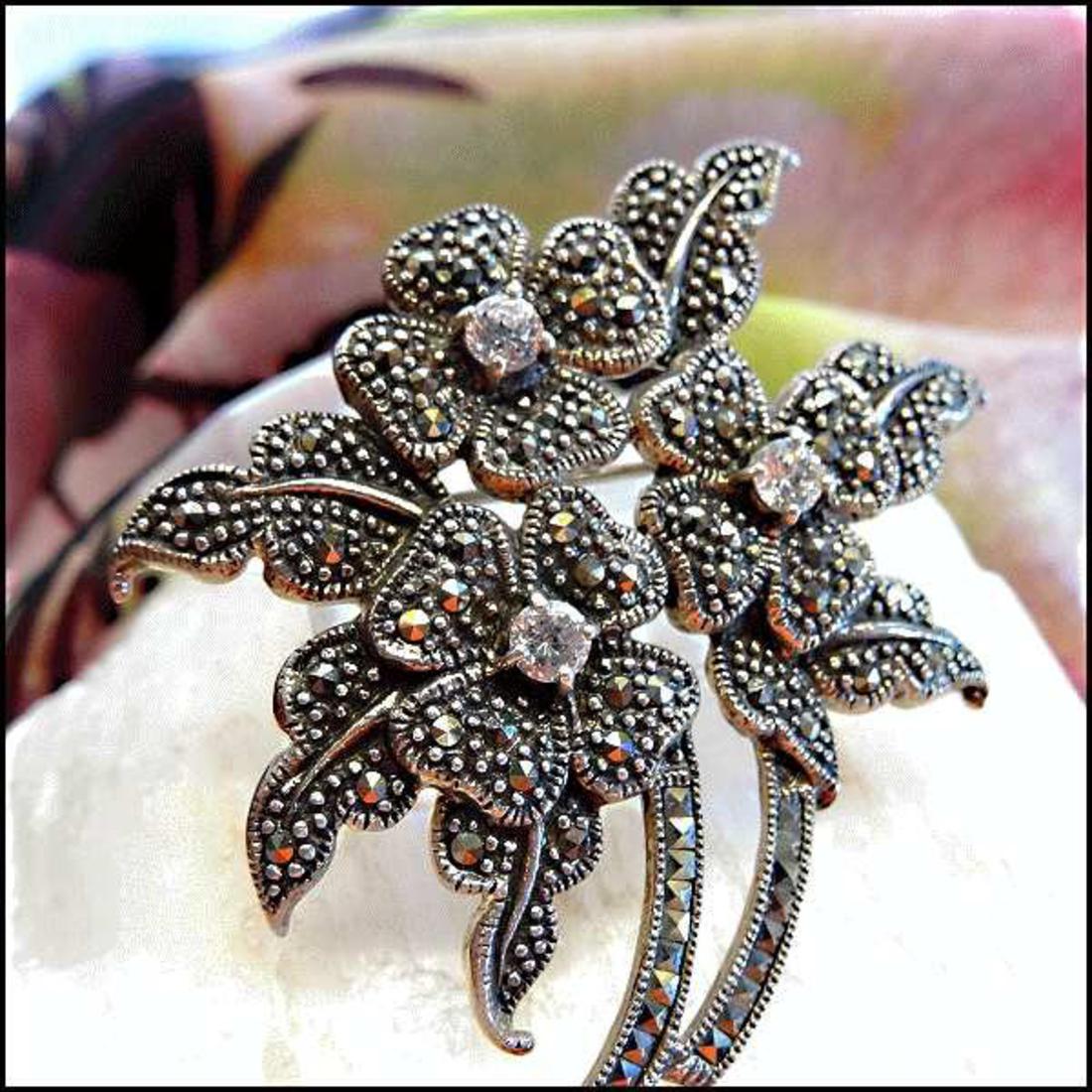 925 Sterling Silver Marcasite Big Vintage Flower Brooch