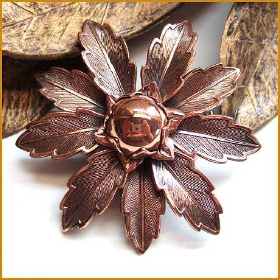1950s Vintage Copper Brooch Big Retro Flower Signed Bell 