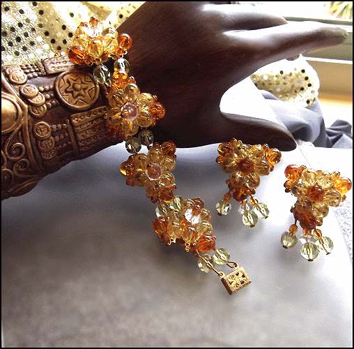 1950s Designer Citrine Crystal Bubbles Vintage Bracelet w Earrings Set