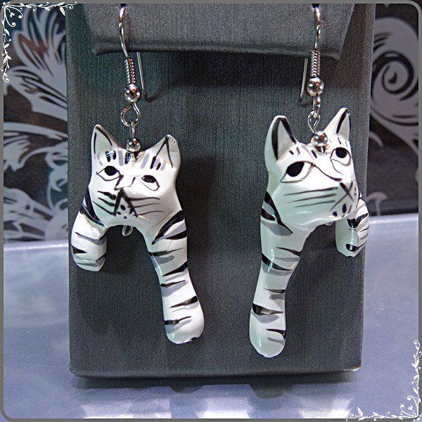 1980s Vintage Crazy Cat Earrings Black n White Wood Pierced Dangles