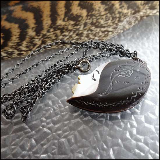 1920s Art Deco Carved Tortoise Shell Lady Face Antique Pendant Necklace
