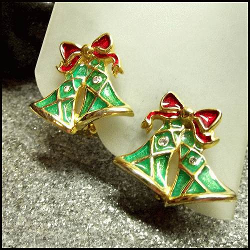 1970s Vintage Christmas Earrings Gold w Enamel Bells and Bows