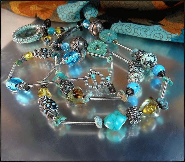 1990s Designer Signed Treska Silver Turquoise Long Vintage Necklace