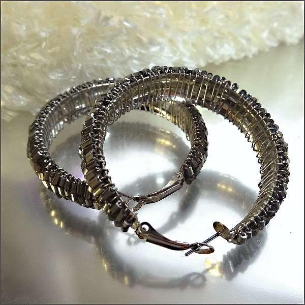 1980s Silver Hematite Big Hoop Vintage Pierced Earrings