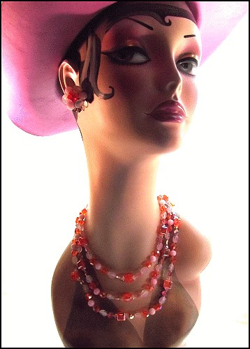 1940s French Pink n Orange Glass Necklace w Earrings Set