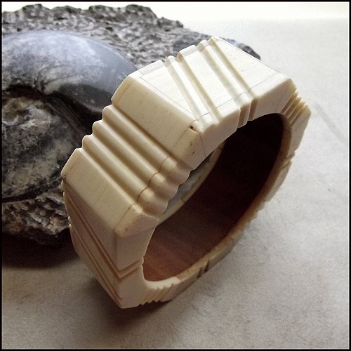 1960s India Ethnic Carved Bone Teak Wood Vintage Bangle Bracelet