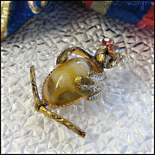 1950s Vintage Owl Pin Spanish Damascene Petite Glass Jelly Belly 