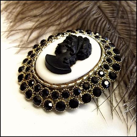 1950s Vintage Cameo Brooch Signed Dodds Big Milk Glass Black Rhinestone Pin