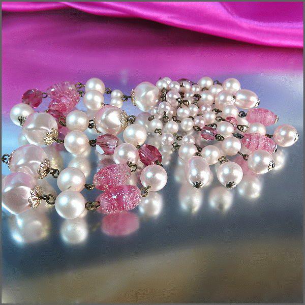 1950s Vintage Pearl Tassel Necklace Pink w Crystals and Sugar Glass