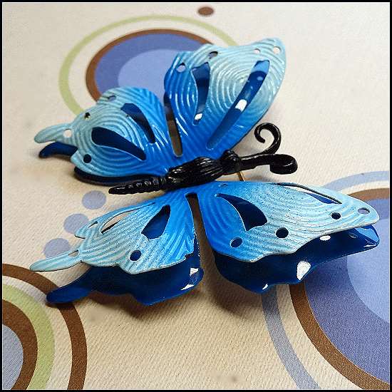 1960s Vintage Butterfly Brooch Pop Art 3D Blue Enamel Pin