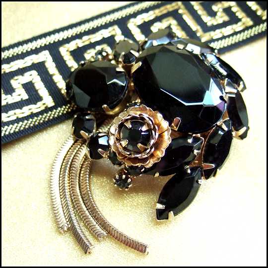 1950s Vintage Rare Black Glass Brooch Schreiner Flower w Gold Tassel