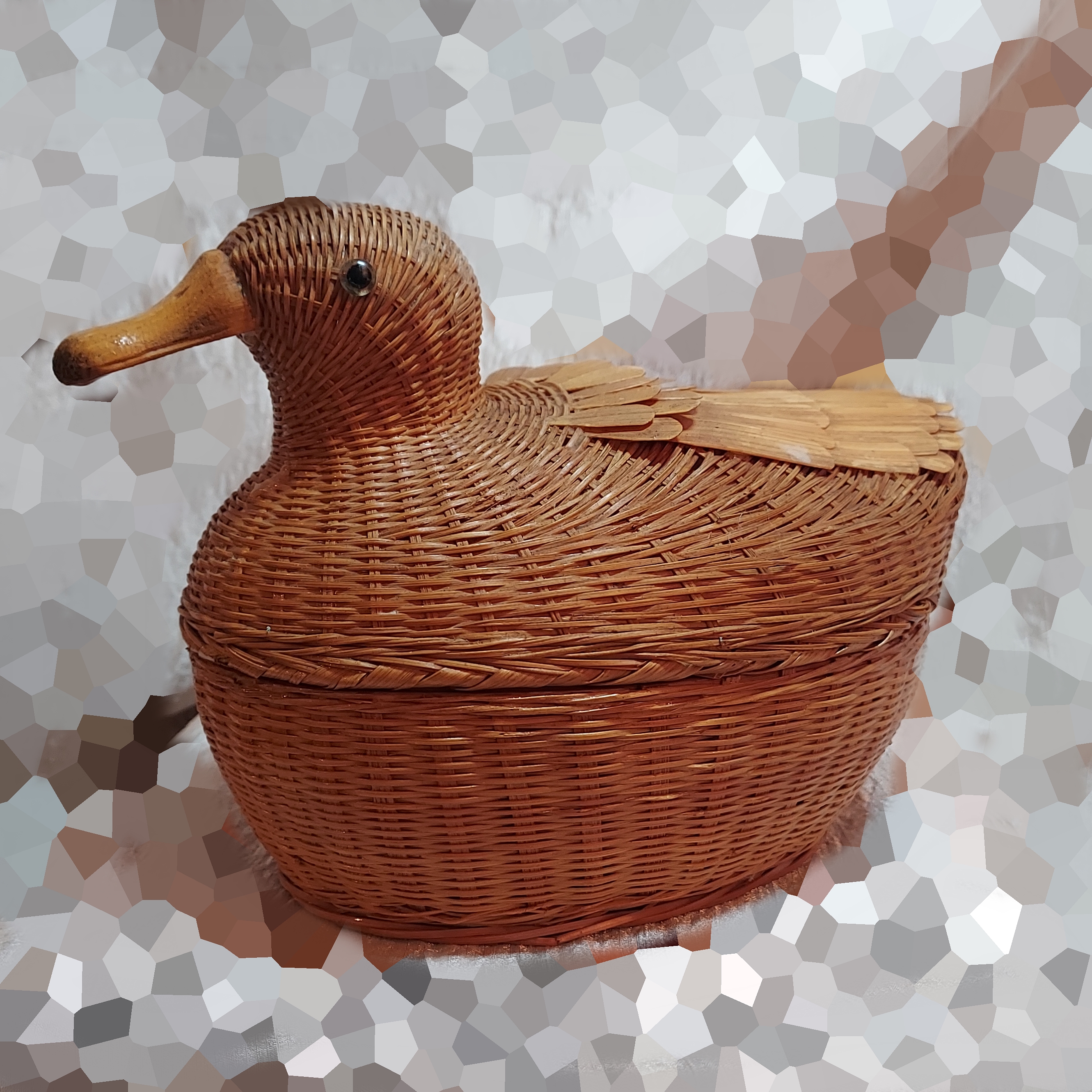 1970s Honey Bamboo Rattan Bird Vintage Basket