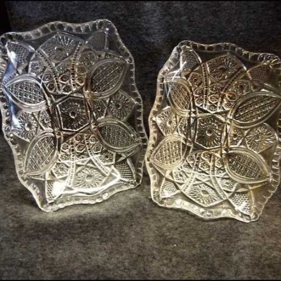 Early 1900s Vintage EAPG Glass Nappy Dishes Pleated Medallions Pair