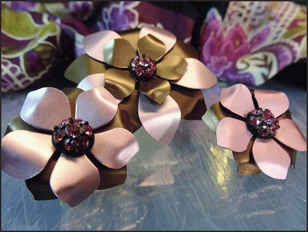 1960s German Satin Flower Pin w Earrings w Hot Pink Rhinestones