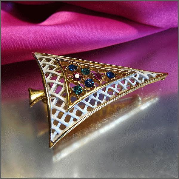 1960s Vintage Christmas Tree Pin Modern Lattice w Rhinestones