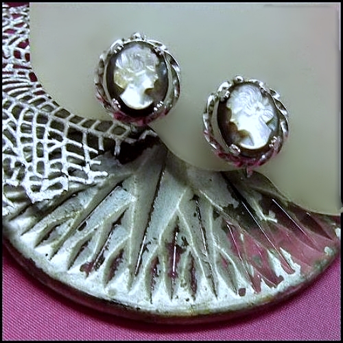 1950s Vintage Cameo Earrings Signed SORRENTO Sterling w Mother of Pearl 