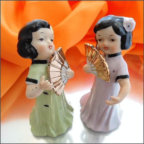1950s Vintage 24kt Gold Oriental Figurines Singing Geisha Girls Pair