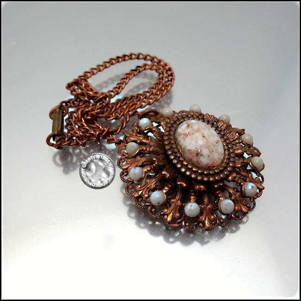 1950s Vintage Copper Pendant Necklace Lace Filigree w Goldstone Agate 