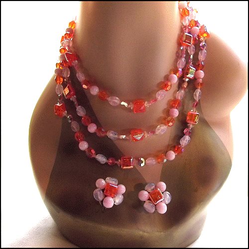 1940s French Pink n Orange Glass Necklace w Earrings Set
