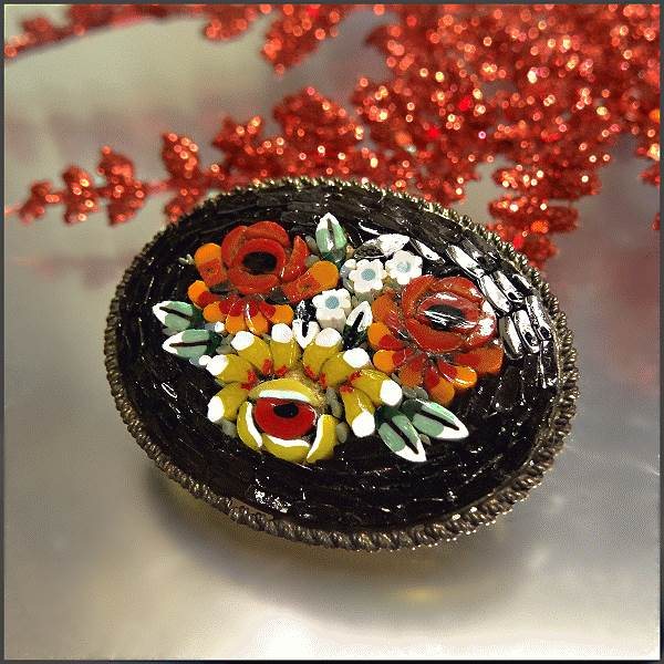 1930s Antique Italian Brooch Black Caned Glass Mosiac Flowers Pin