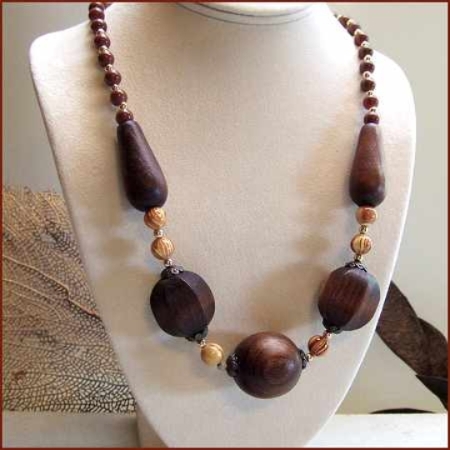 1970s Vintage Necklace Unique Handmade Cherry Wood w Sterling Beads 