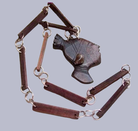 1960s Vintage Necklace Jamaican Wood Carved Lady Face Pendant 