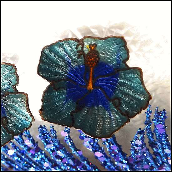 1950s French Cloisonne Vintage Copper Earrings Blue Orchids
