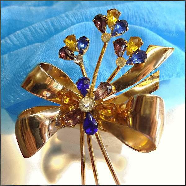 1950s Vintage Sterling Brooch Coro Pegasus Gold Vermeil Crystal Flower 