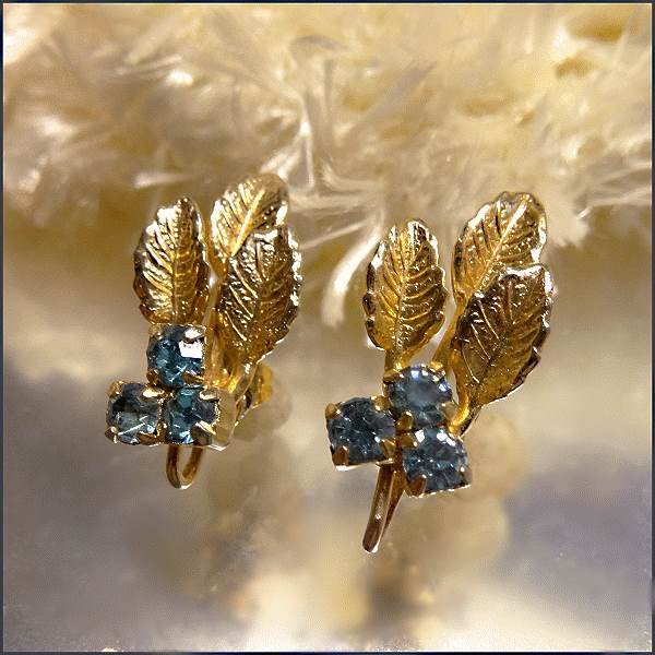Petite Aquamarine Crystal Pierced Earrings w Gold Leaves 