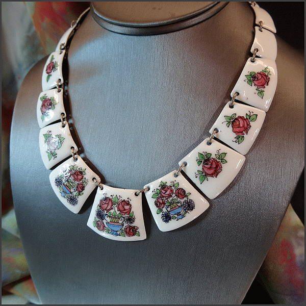 1960s Art Nouveau Style Floral Copper Enamel Vintage Panel Necklace