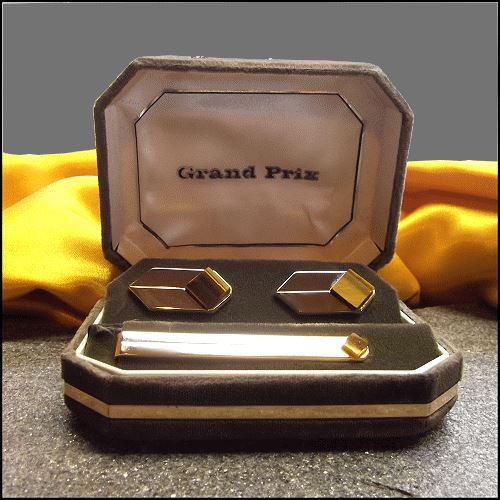 1960s Tigers Eye Vintage Cufflinks w Tie Clasp Org Box Swank Grand Prix