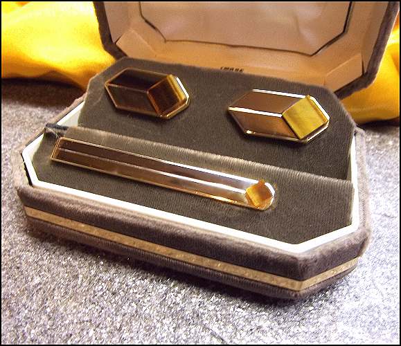 1960s Tigers Eye Vintage Cufflinks w Tie Clasp Org Box Swank Grand Prix