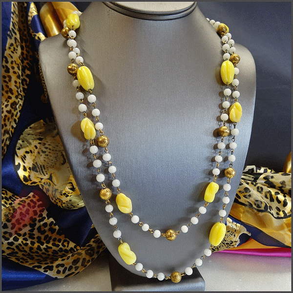 1930s RARE Czech Yellow n Opalescent Glass 24kt Gold Long Antique Necklace
