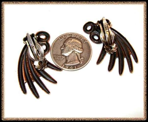 1950s Signed RENOIR Copper Feathers Vintage Clip Earrings