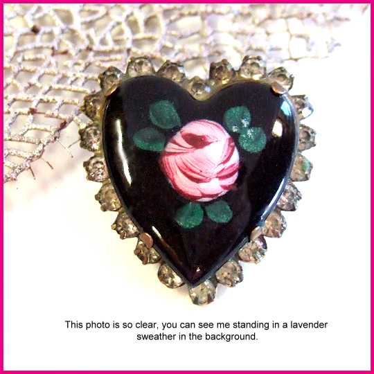 1930s Antique French Pin Heart w Guilloche Roses 