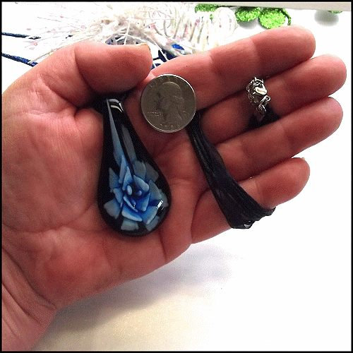 1980s Vintage Murano Glass Pendant Large Blue on Black Flower Necklace