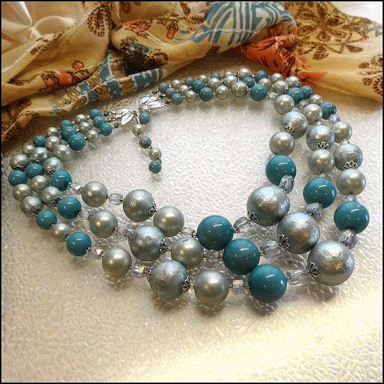 1950s Ice Blue Pearls w Crystals Triple Strand Vintage Necklace