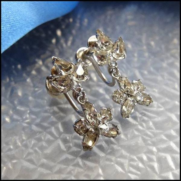 1950s Crystal Sterling Silver Petite Flower Dangle Vintage Earrings