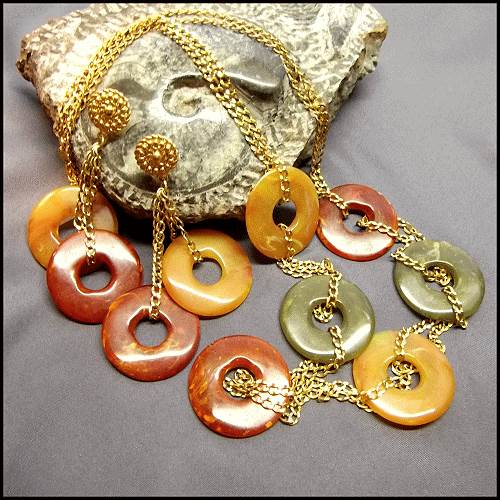 Vintage Earthy Agate Style Necklace w Earrings Signed Avon Set