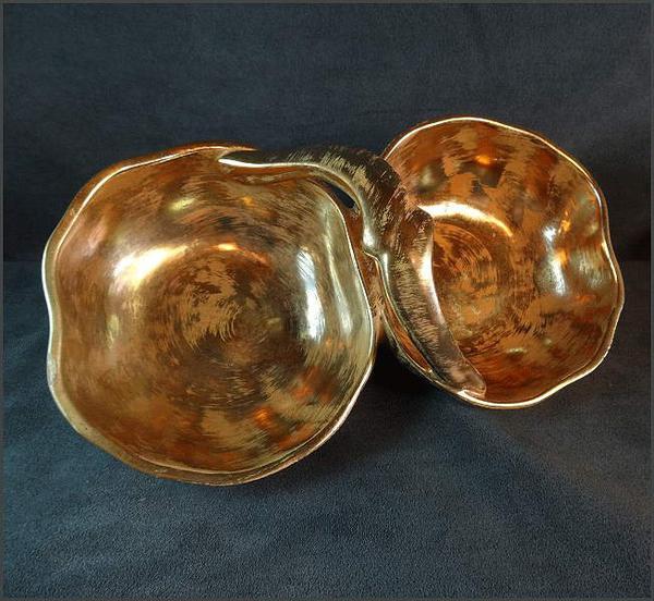 1960s Signed Stangl 22kt Vintage Gold Double Dish w Handle