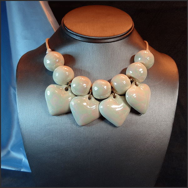 1970s Vintage Heart Necklace Pastel Iridescent Porcelain Beads 