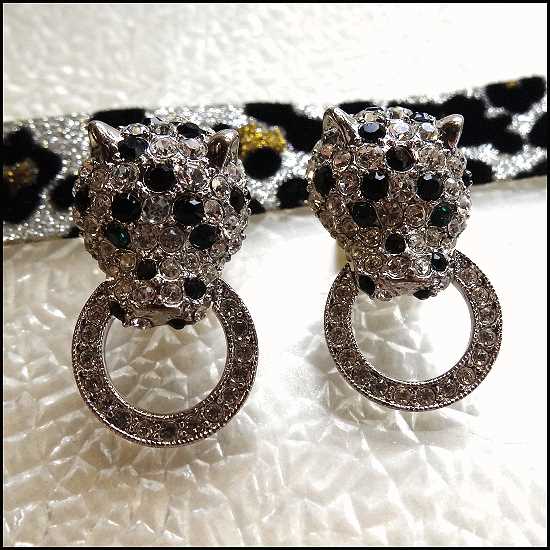 1980s Signed KJL Earrings Crystal Panthers Door Knocker Hoops
