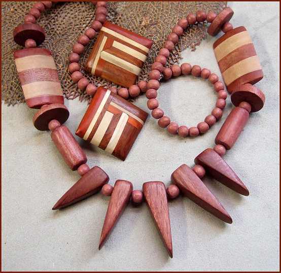 1980s Wood Bead Vintage Necklace w Earrings Teak Bamboo Mosaic Costa Rica