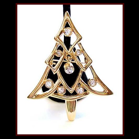 1980s Vintage Christmas Tree Pin Modern Gold w Dangling Crystals