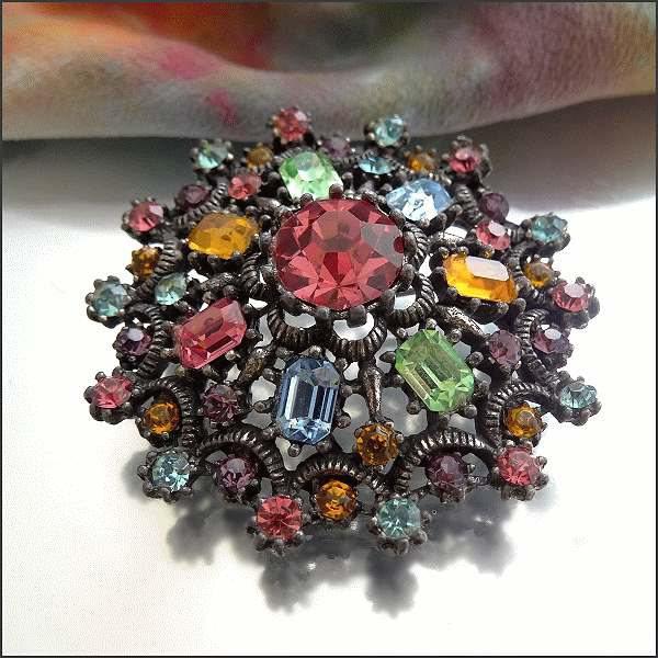 1950s Rare Signed CORO Pastel Jewel Rhinestone Vintage Brooch